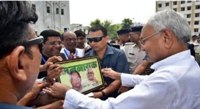 Bihar CM Nitish Kumar Smiles at Picture with Karpuri Thakur During Saran Visit