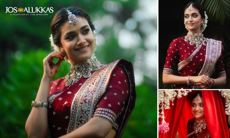 Actress Keerthy Suresh stuns in an exclusive Ruby & Polki necklace, specially crafted by Jos Alukkas for her wedding