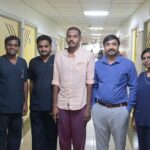 L-R: Ms. Kanish Bai; Dr. Devachandran; Dr. Lakshmi Narayanan; Mr. Vinothkumar (Patient); Dr. Rahul Srinivasan (Consultant Neurosurgeon); Dr. Kiruthika; Mrs. Gnanakani