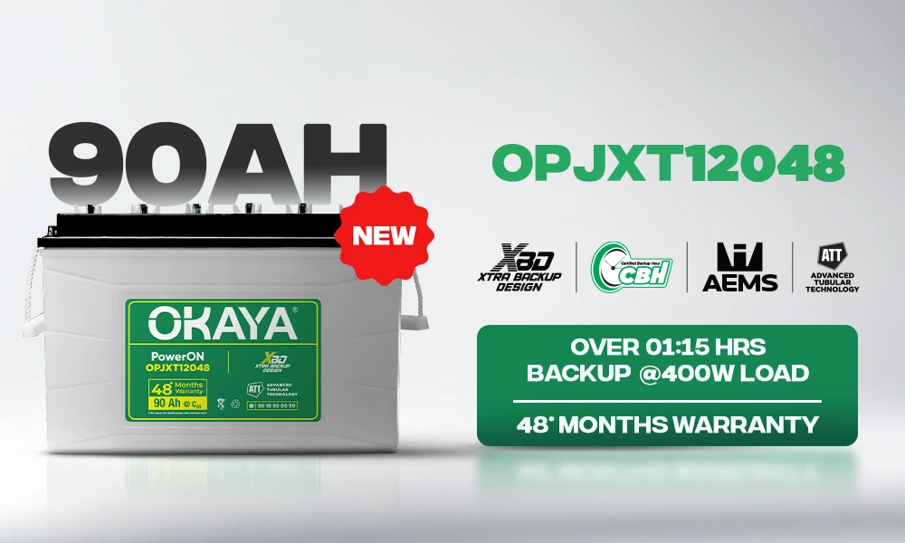 Okaya JXT 90Ah Inverter Battery, a compact Jumbo Tubular innovation with Advanced Tubular Technology, AEMS, and Certified Backup Hours for dependable power backup