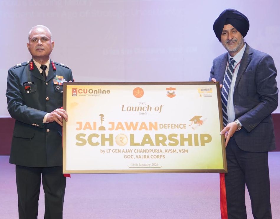 Lt Gen Ajay Chandpuria, General Officer Commanding, Vajra Corps during the launch of ‘CU Online Jai Jawan Scholarship’ at Chandigarh University