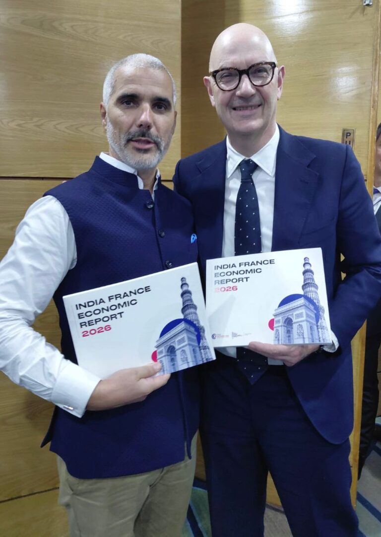 French Minister Mr. Roland Lescure with IFCCI President Mr. Jean Touboul holding the India-France Economic Report 2026 at the India France CEOs Forum