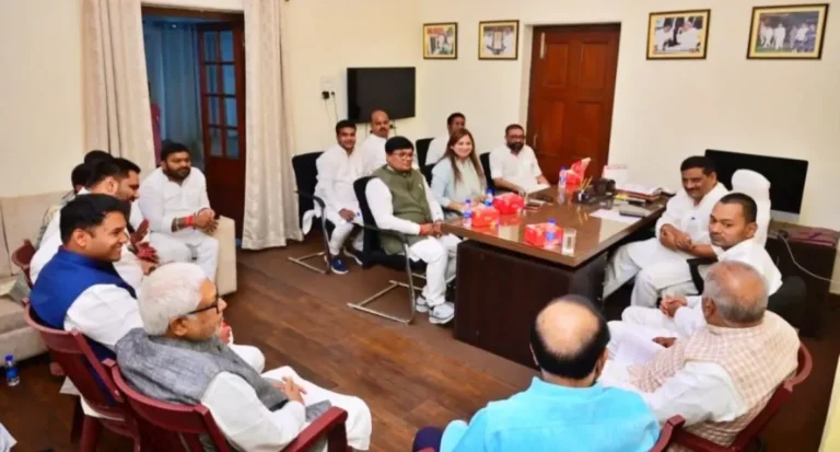 Nishant Kumar in a meeting with JD(U) leaders in Patna on March 7