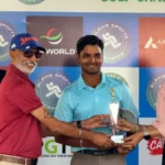 Champion Sunit Chowrasia receives the trophy from Mr. Sumit Prakash, Founder and Director, ALPHA Sports Academy and Ms. Smita Chowdhary, Co-Founder, ALPHA Sports Academy. In the background, is Mr. Vishal Sahay, Captain, Patna Golf Club.