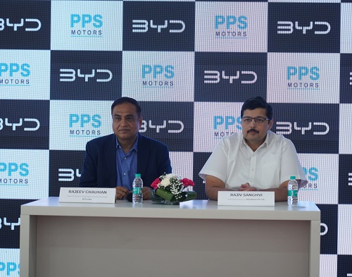 Rajeev Chauhan, Head of Electric Passenger Vehicles Business, BYD India and Rajiv Sanghvi, Managing Director, PPS Motors Pvt. Ltd.