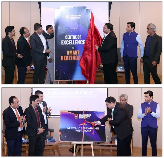 Chandigarh University Senior Management & Dr. Rahul K. Singh, CEO, Innovation Cell, along with others inaugurating the Smart Healthcare Centre of Excellence at Chandigarh University, Uttar Pradesh