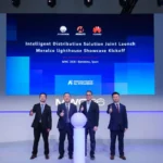 From left: Simon Zhou (General Manager of Overseas Marketing, SANXING Ningbo), David Sun (CEO, Huawei Electric Power Digitalization BU), Roque D. Bacani (Chief Information Officer, Meralco), and Perry Yang (Vice President, Huawei Optical Business Product Line) launching Huawei IDS