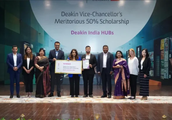 Chitkara University students Parth Bhandari and Ishan Attri celebrate their achievement of receiving Deakin University’s prestigious Vice-Chancellor’s Meritorious 50% Scholarship