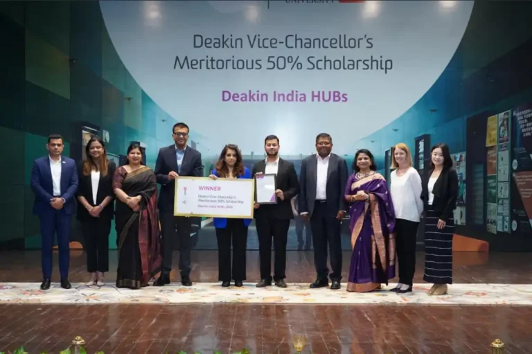Chitkara University students Parth Bhandari and Ishan Attri celebrate their achievement of receiving Deakin University’s prestigious Vice-Chancellor’s Meritorious 50% Scholarship