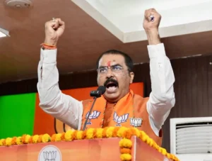 Bihar BJP president Sanjay Saraogi during BJP's 47th Foundation Day in Patna.