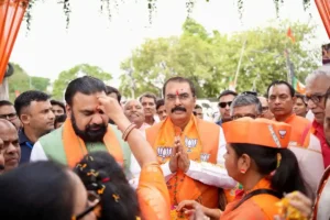 Bihar BJP president Sanjay Saraogi and Bihar Deputy Chief Minister Samrat Choudhary during BJP's 47th Foundation Day in Patna.