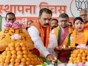 Bihar BJP president Sanjay Saraogi during BJP's 47th Foundation Day in Patna.