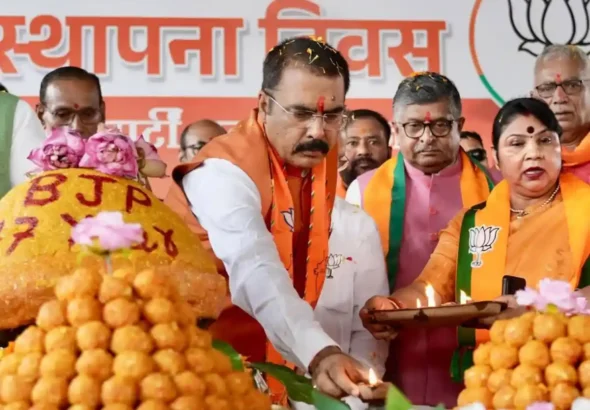 Bihar BJP president Sanjay Saraogi during BJP's 47th Foundation Day in Patna.