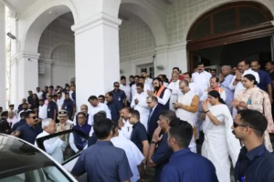 Bihar Chief Minister Nitish Kumar comes out after holding his last cabinet meeting in Patna on April 14, 2026.