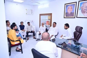 Nishant Kumar holds a meeting with party workers at JD(U) office in Patna.