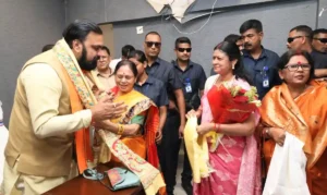 Supporters greet Bihar Chief Minister Samrat Choudhary in Patna on April 16, 2026.