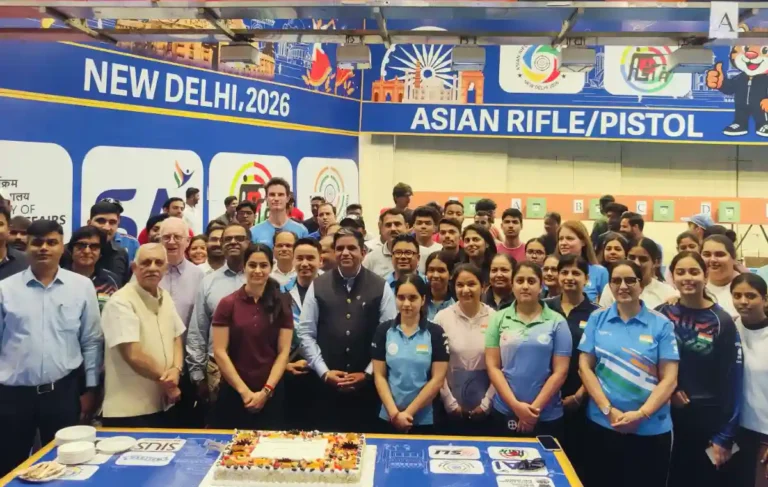 (Front Row)- Mr. Rajiv Bhatia, Secretary, NRAI (2nd from left), Manu Bhaker, double olympic medalist (3rd from left) & Mr. Pawankumar Singh, Secretary General, NRAI (4th from left) along with national squad and nationa centre of excellence shooters, support staff and NRAI officials, at the ceremonial cake-cutting on the occasion of the 75th Foundation Day of the NRAI at the Dr. Karni Singh Range on Friday (Apr 17, 2026)