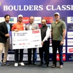 Champion Shubhankar Sharma (2nd from left) receives the trophy and cheque from Dr. N R N Reddy, President & CEO – TGolf Alliance and O&M Partner – Boulder Hills Golf & Country Club (centre) and Mr. Madhusudhan Rao, CFO & Business Head – Emaar Properties, Hyderabad (2nd from right). The other dignitaries seen in the picture are Mr. Harish Muthyalachetty, Chief Marketing Officer, Casagrand (extreme right) and Mr. Vikas Singh, Chief Business Officer, DP World PGTI (extreme left).