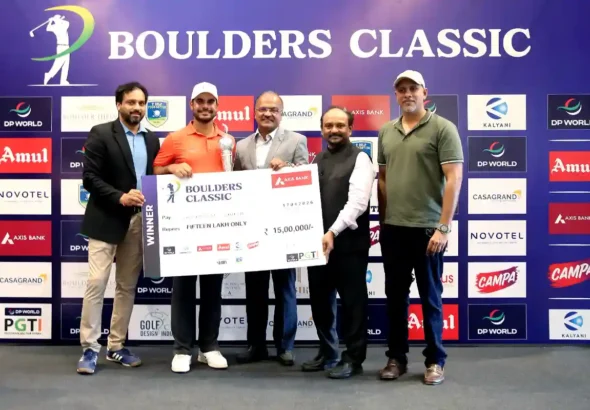 Champion Shubhankar Sharma (2nd from left) receives the trophy and cheque from Dr. N R N Reddy, President & CEO – TGolf Alliance and O&M Partner – Boulder Hills Golf & Country Club (centre) and Mr. Madhusudhan Rao, CFO & Business Head – Emaar Properties, Hyderabad (2nd from right). The other dignitaries seen in the picture are Mr. Harish Muthyalachetty, Chief Marketing Officer, Casagrand (extreme right) and Mr. Vikas Singh, Chief Business Officer, DP World PGTI (extreme left).