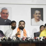 Bihar Chief Minister Samrat Choudhary and NDA women leaders addressing a Press conference in Patna on April 19, 2026.