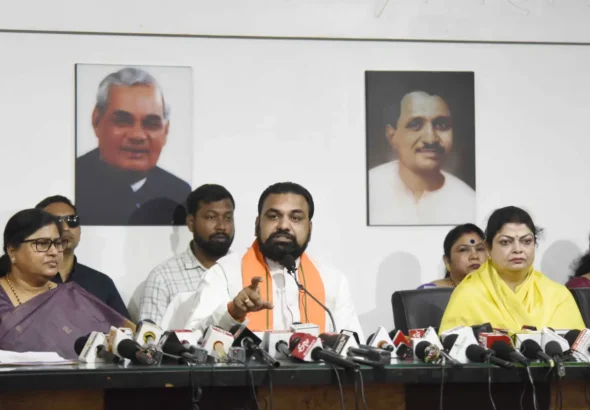 Bihar Chief Minister Samrat Choudhary and NDA women leaders addressing a Press conference in Patna on April 19, 2026.