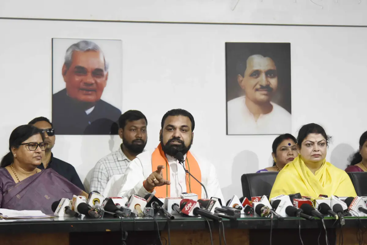 Bihar Chief Minister Samrat Choudhary and NDA women leaders addressing a Press conference in Patna on April 19, 2026.