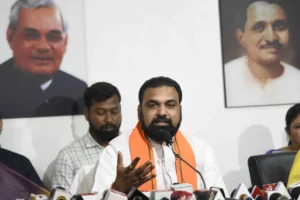 Bihar Chief Minister Samrat Choudhary addressing a Press conference in Patna on April 19, 2026.