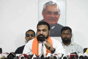 Bihar Chief Minister Samrat Choudhary addressing a Press conference in Patna on April 19, 2026.