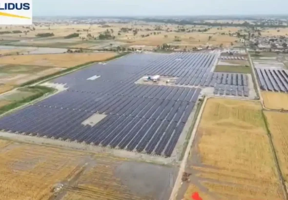 An aerial view of Punjab’s largest solar project in Fazilka, the 40MW/60MWp plant by Solidus powers industries with clean energy, driving decarbonisation and sustainable growth