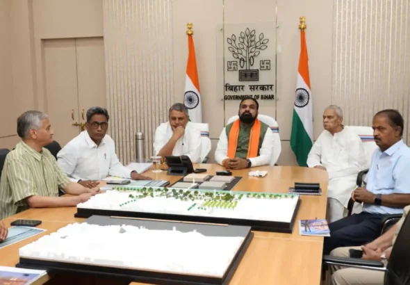 Bihar Chief Minister Samrat Choudhary reviews Vishnupad Temple corridor project in Patna.