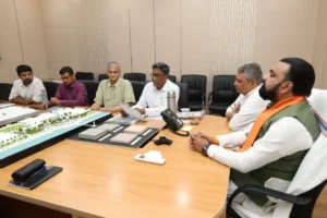 Bihar Chief Minister Samrat Choudhary reviews Vishnupad Temple corridor project in Patna. 