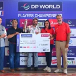 Akshay Sharma (centre) receives the trophy and cheque from Ms. Rachana Bahadur, Senior Vice President & Country Head – India at Synchrony Financial & Advisor – DP World PGTI (2nd from right), Mr. Varghese M Thomas, Senior Vice President – Brand Partnership & Communications – DP World (2nd from left). The other dignitaries seen in the picture are Mr. Rishi Mattu, Head – Classic Golf & Country Club (extreme left) and Mr. Amandeep Johl, CEO, DP World PGTI (extreme right).