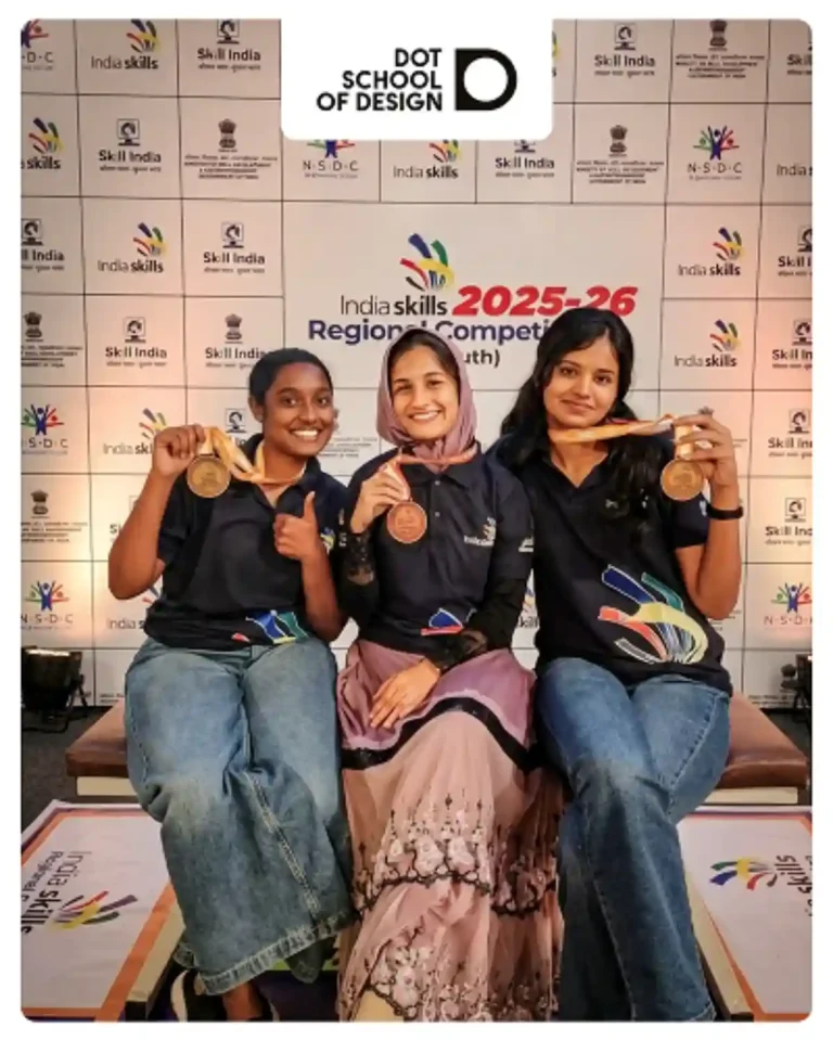 L to R: Rudra JS, Insiya M. Dhorajiwala and Reshma J display their medals after their achievement at the IndiaSkills Competition 2025-26