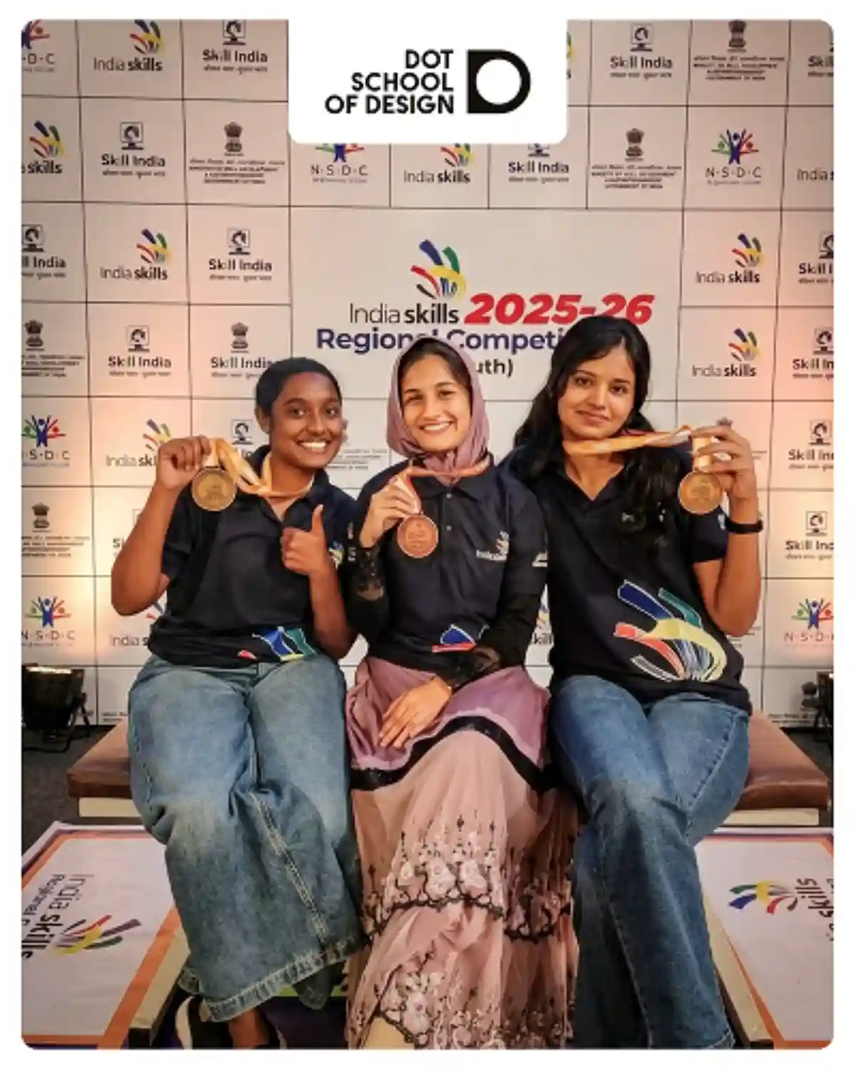 L to R: Rudra JS, Insiya M. Dhorajiwala and Reshma J display their medals after their achievement at the IndiaSkills Competition 2025-26
