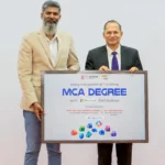 Prof. (Dr.) Raviraja N. Seetharam, Vice Chancellor, Chandigarh University, with Joel Ganesan of Microsoft at the Online MCA launch with Microsoft certifications