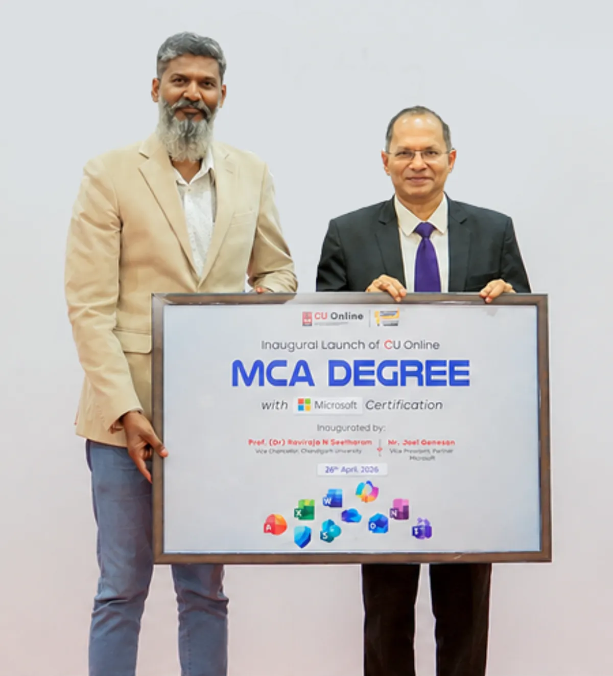 Prof. (Dr.) Raviraja N. Seetharam, Vice Chancellor, Chandigarh University, with Joel Ganesan of Microsoft at the Online MCA launch with Microsoft certifications