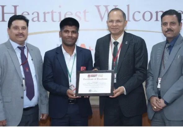 Chandigarh University Vice Chancellor & other Officials felicitating Sarvesh Gupta for topping IIT JAM 2026 (Physics) Exam with All India Rank 1