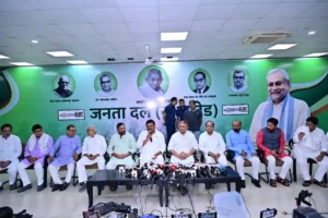 Bihar Deputy Chief Minister Vijay Kumar Chaudhary addressing a Press conference in Patna on May 2, 2026.