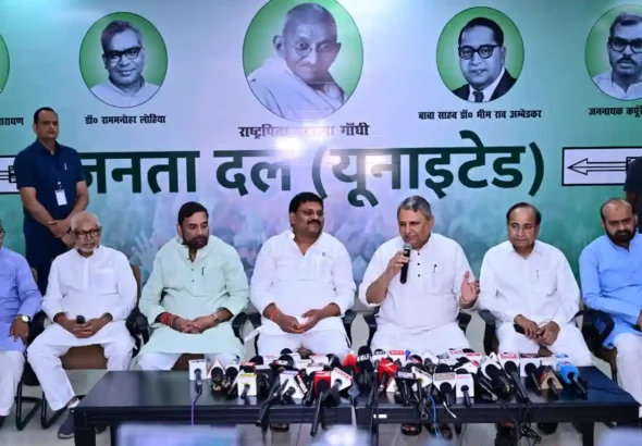 Bihar Deputy Chief Minister Vijay Kumar Chaudhary addressing a Press conference in Patna on May 2, 2026.