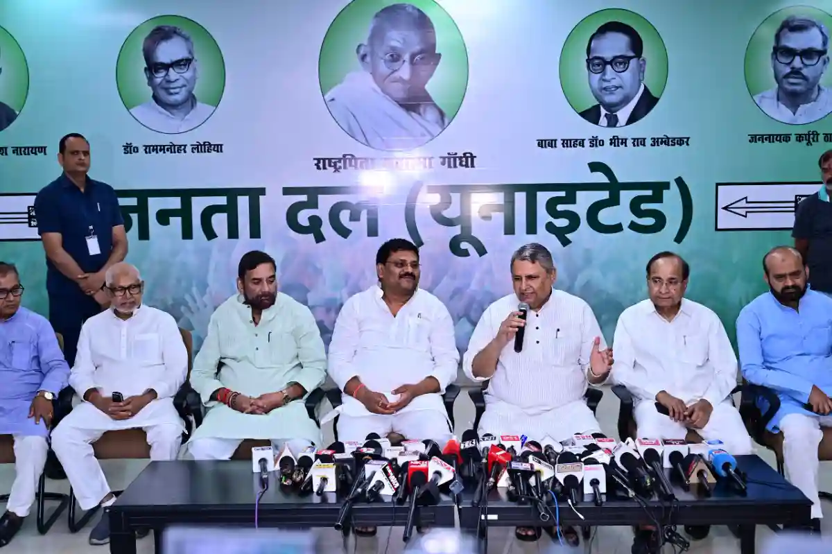 Bihar Deputy Chief Minister Vijay Kumar Chaudhary addressing a Press conference in Patna on May 2, 2026.