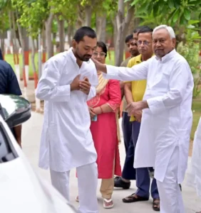 JD(U) leader Nishant Kumar takes blessings of his father Nitish Kumar before undertaking Sadbhav Yatra across Bihar in Patna on May 3, 2026.