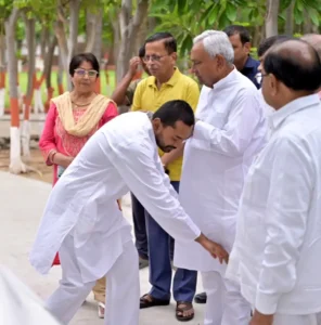 JD(U) leaders takes blessings of his father Nitish Kumar before undertaking Sadbhav Yatra across Bihar in Patna on May 3, 2026.