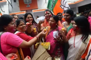 Bihar BJP workers celebrates party's historic victory in Assembly elections at state headquarters in Patna. 