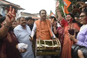 Bihar BJP president Sanjay Saraogi beating drum to celebrate party's historic win in Assembly elections at state headquarters in Patna on May 4, 2026.