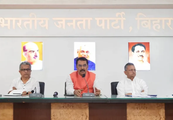 Bihar BJP president Sanjay Saraogi held a meeting at the Bihar BJP state office to review preparations for the proposed cabinet expansion on May 7.