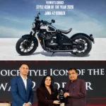 Top: The Jawa 42 Bobber; Bottom: Nivedita Matta, Brand Lead, Jawa, Classic Legends, receives the award from Minister of Road Transport and Highways of India Nitin Gadkari