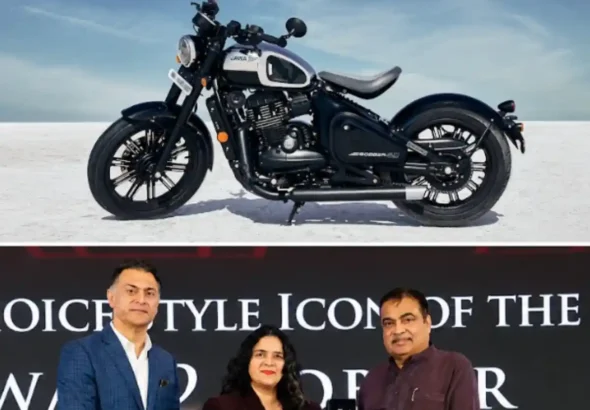 Top: The Jawa 42 Bobber; Bottom: Nivedita Matta, Brand Lead, Jawa, Classic Legends, receives the award from Minister of Road Transport and Highways of India Nitin Gadkari