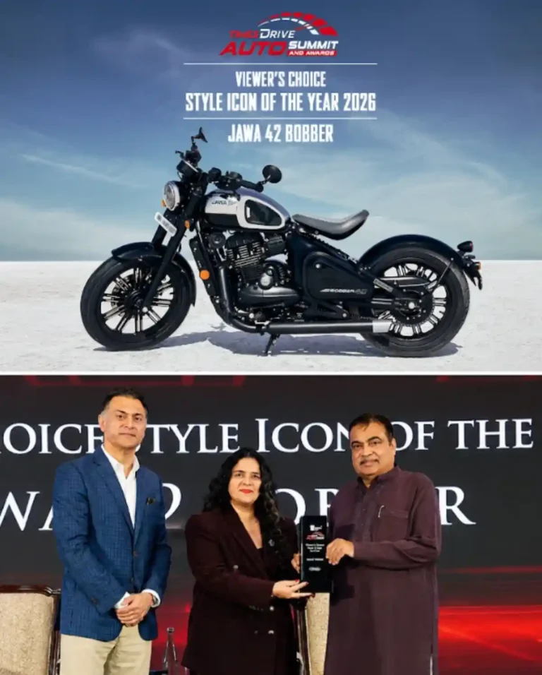Top: The Jawa 42 Bobber; Bottom: Nivedita Matta, Brand Lead, Jawa, Classic Legends, receives the award from Minister of Road Transport and Highways of India Nitin Gadkari