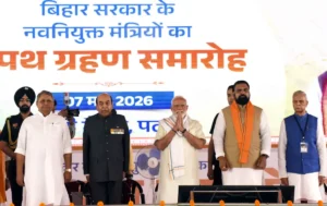 A grand swearing-in ceremony was held at Gandhi Maidan in Patna on May 7 as Bihar Chief Minister Samrat Choudhary expanded his cabinet. Prime Minister Narendra Modi attended the function.