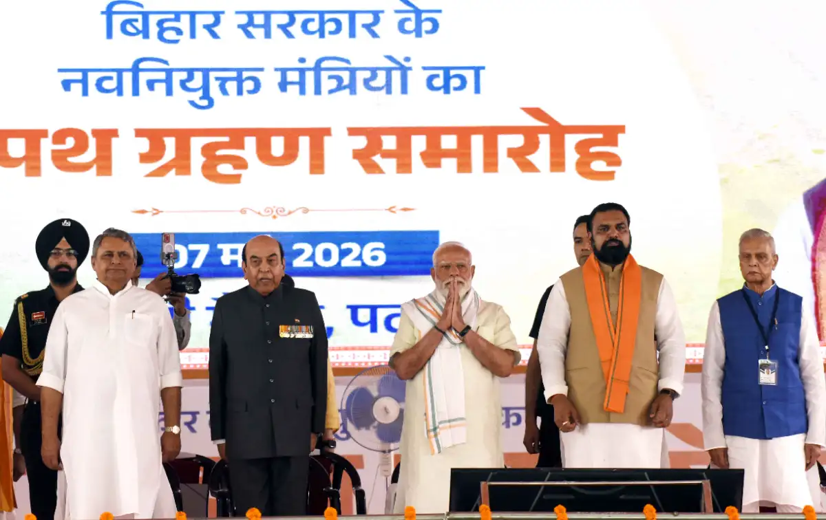A grand swearing-in ceremony was held at Gandhi Maidan in Patna on May 7 as Bihar Chief Minister Samrat Choudhary expanded his cabinet. Prime Minister Narendra Modi attended the function.
